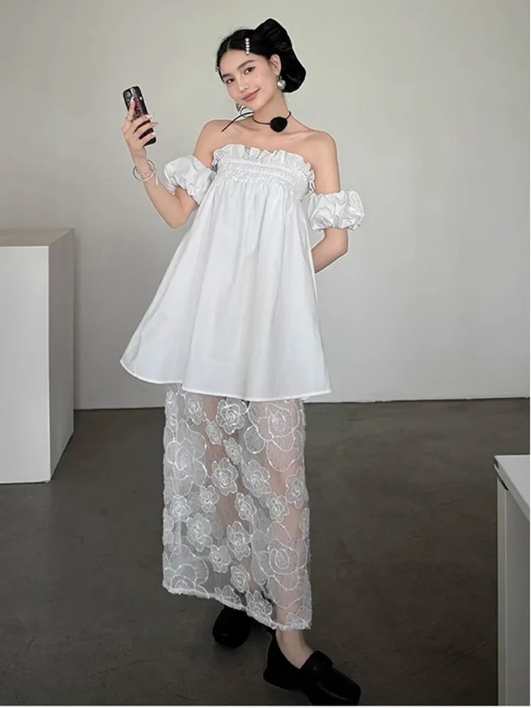 

Chic Design Solid Splicing Lace Fake Two Piece Dress Sets For Women Sexy Off Shoulder Puff Sleeve Embroidery Midi Dress