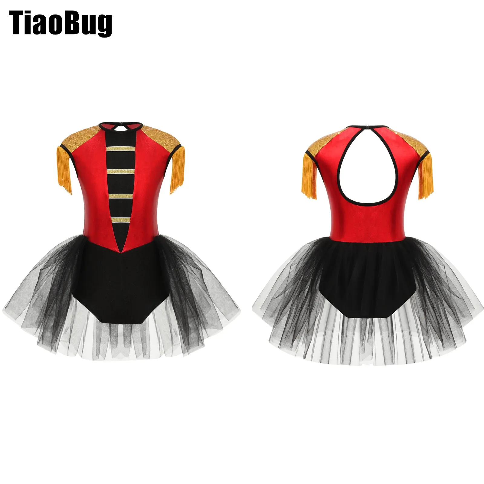 

Kids Girls Sequins Tassels Dance Leotard Halloween Circus Ringmaster Cosplay Costume Sleeveless Open Back Short Jumpsuit