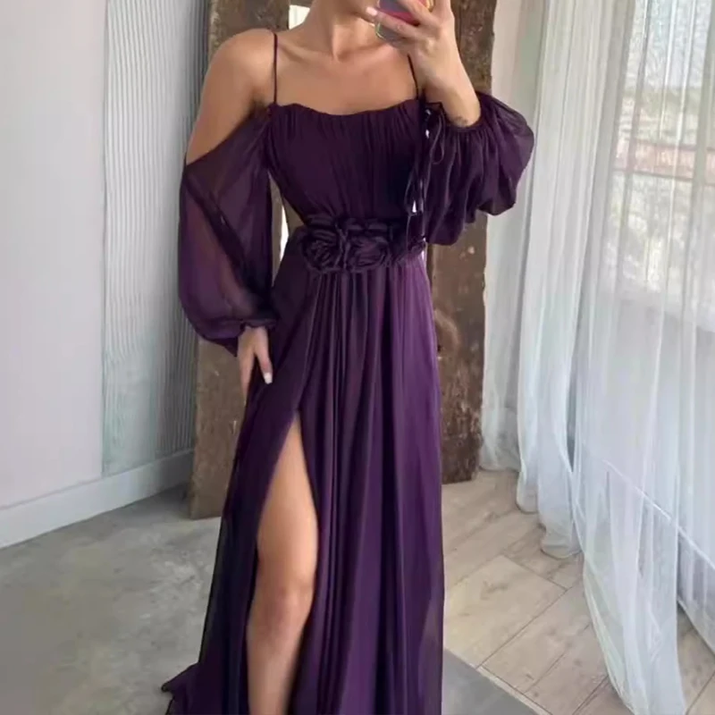 

Chic Flower Patchwork Evening Dress Fashion Hollow Off Shoulder Long Sleeved Dress Autumn Elegant Women's Chiffon Party Dresses