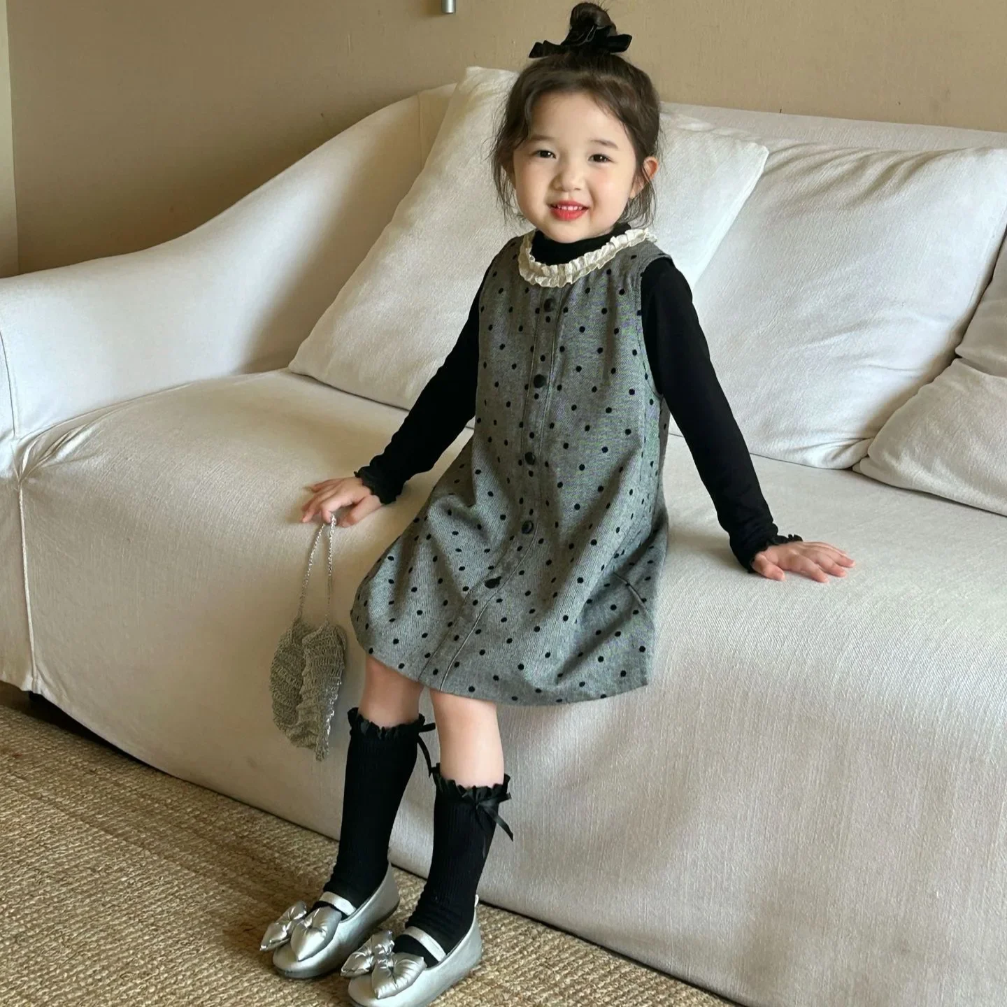 Girls Casual Dresses Autumn New Childrens Clothing Korean 2024 Wave Point Vest Skirt Simple Sweet  Round Collar Fashion