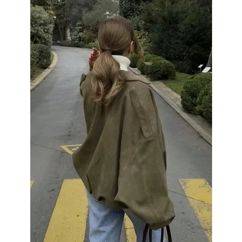 

2026 Fashion Ladies Elegant Loose Soft Outfits Jacket for Party Female Chic ClothesVintage Women Green Oversize Bomber Jackets