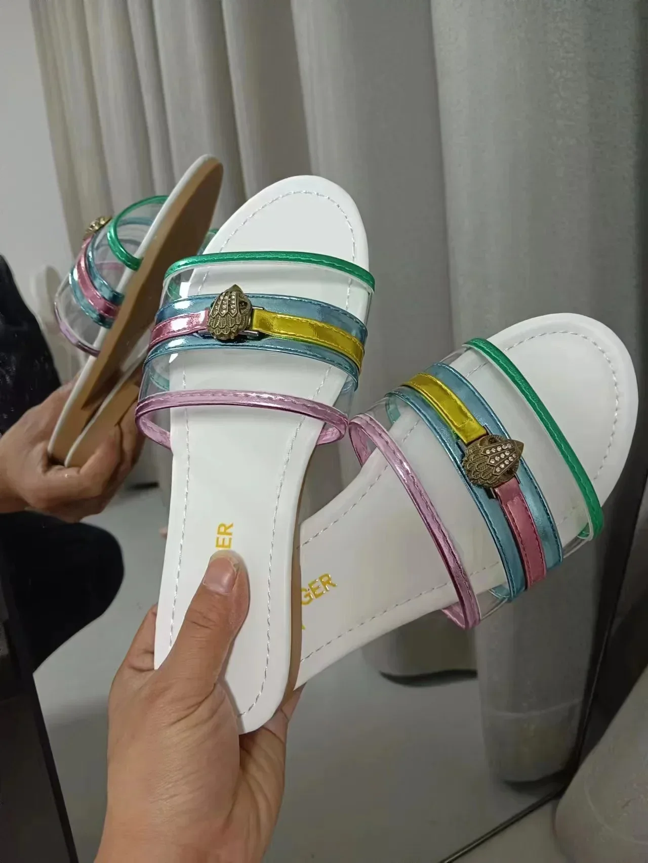 New Luxury 2024 KURT G London Eagle Head Wave Striped Summer Flat Shoes Fashion Design Slip on Slides Outdoor Sandal Slipper