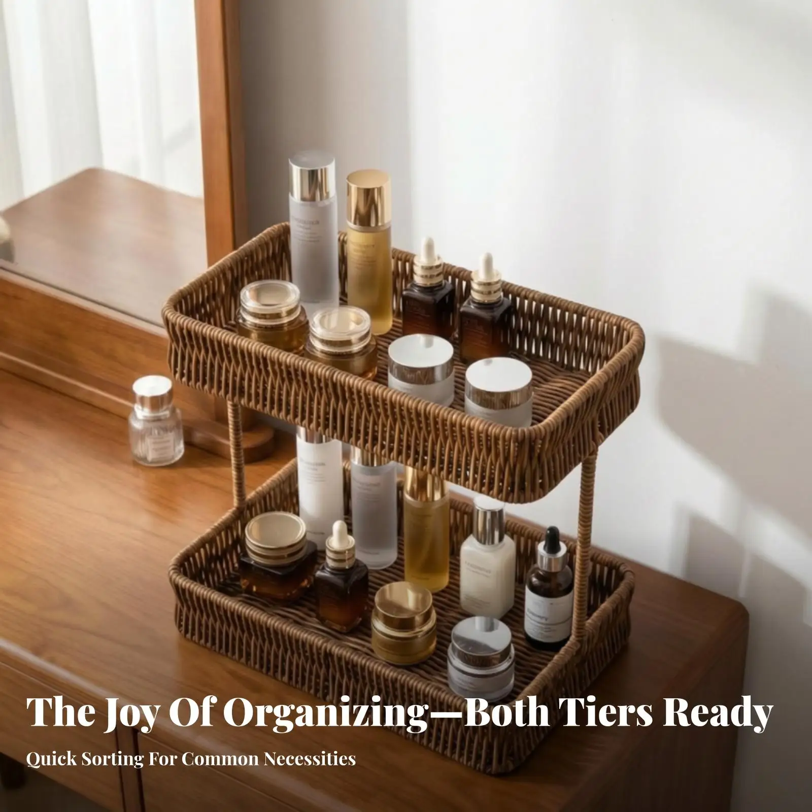Two-Tier Storage Basket Standing Vanity Tray Shelf Woven for Kitchen Counter