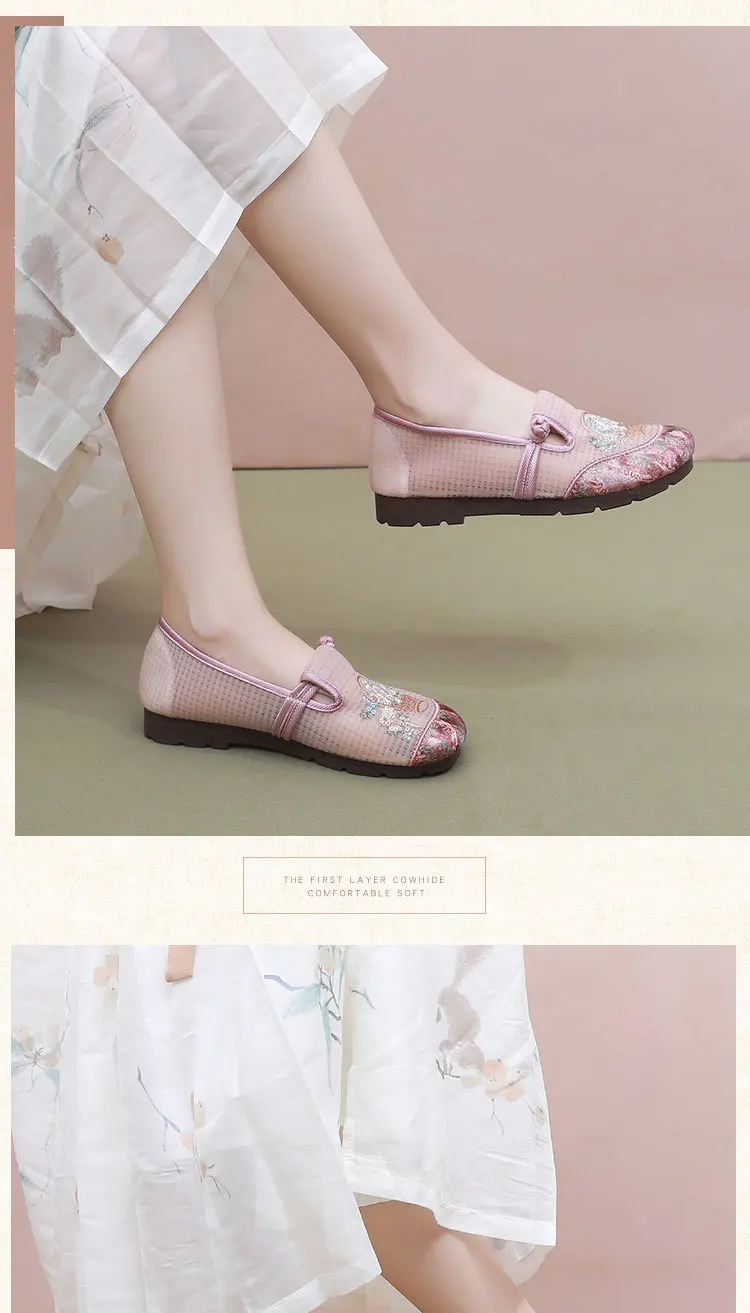 Damen-Slipper mit Blumenstickerei, flache Schuhe aus Mesh, chinesischer Stil, dekorativer Knoten, atmungsaktiv, leicht, rutschfest, Mutter-Slipper. – Detail 20