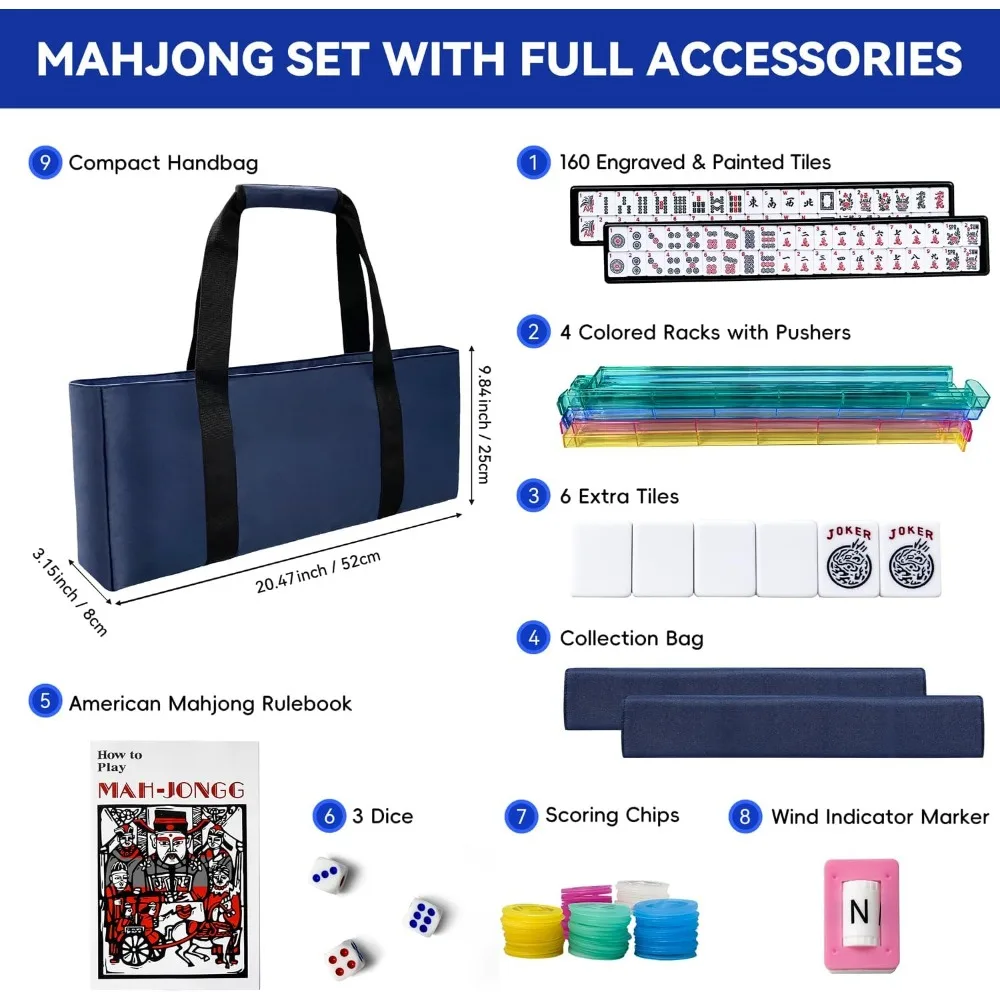 

American Mahjong Tile Set, American Mahjong Set Complete with Bag, 166 White Tiles with Bag and Accessories, 4 All-in-One