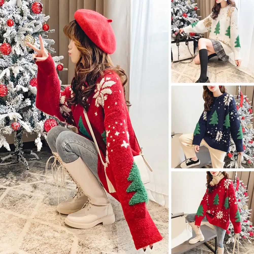 Women Festive Sweater Knitted Sweater Cozy Women\'s Christmas Sweater Knit Thick Round Neck Festive Tree Print Soft Warm for New