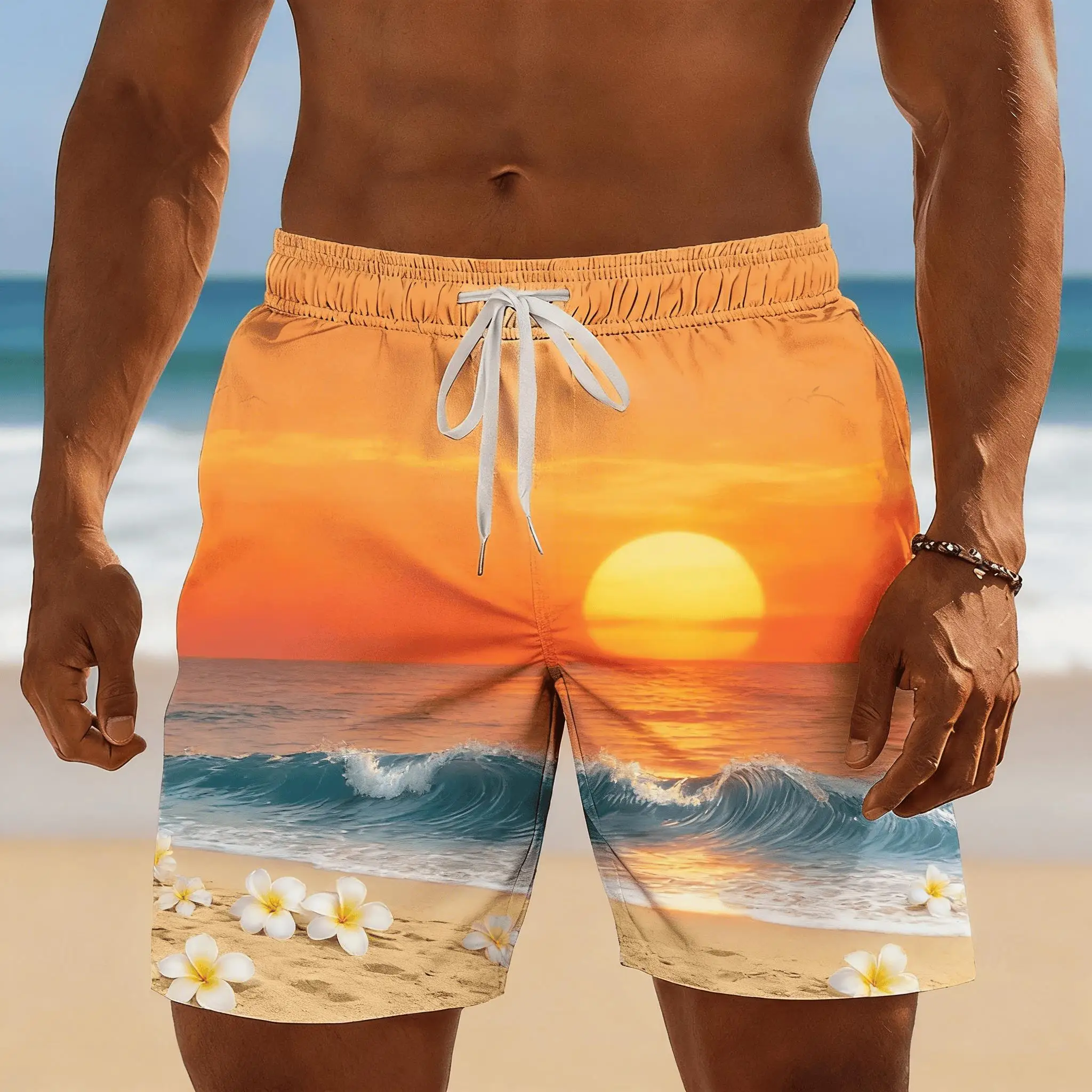 Men's Orange Sunset Wave Print Drawstring Shorts, Spring Summer Romantic Vacation Casual Shorts, Loose Beach Shorts