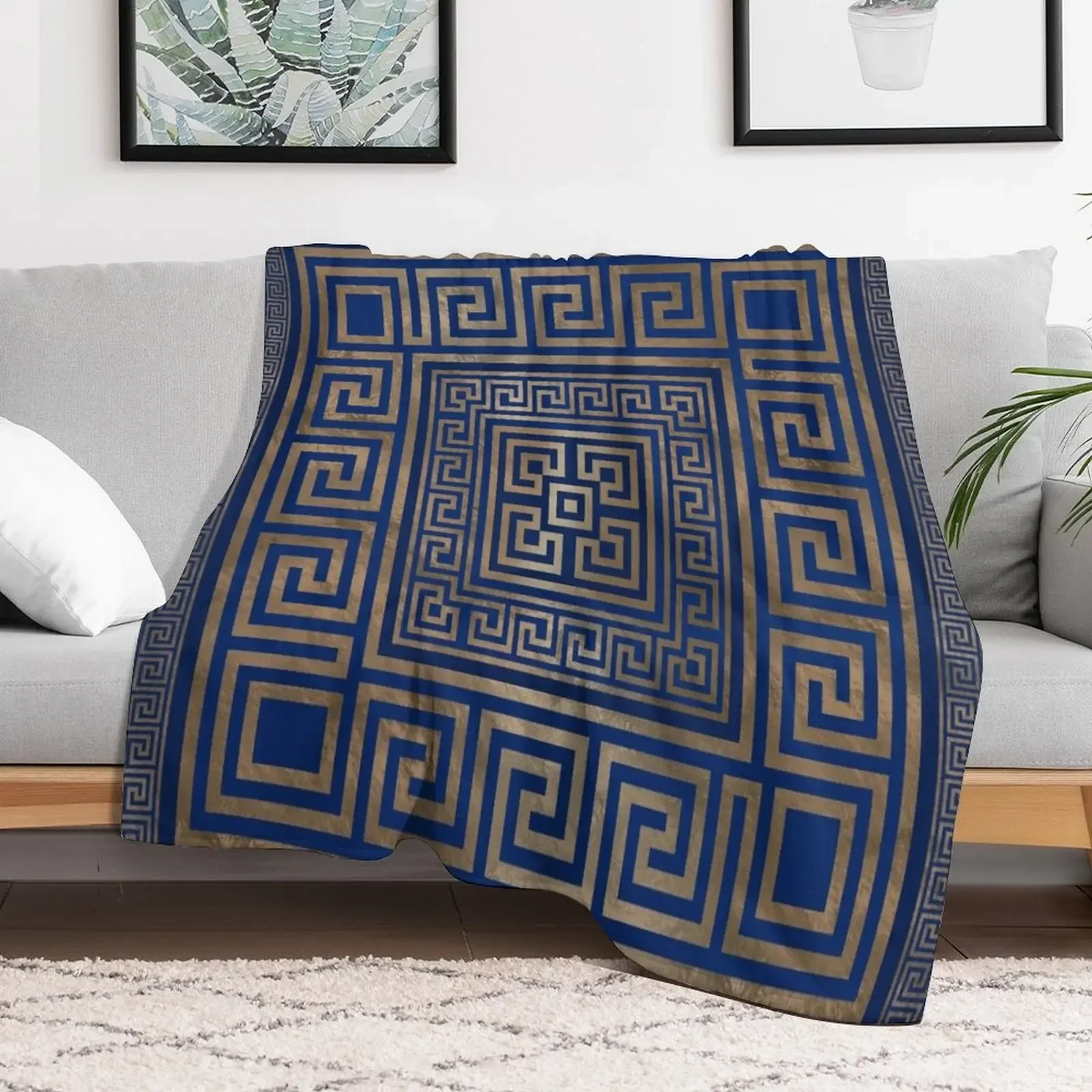 Greek Key Ornament - Greek Meander -gold on blue Throw Blanket Vintage Camping cosplay anime Luxury Throw Blankets