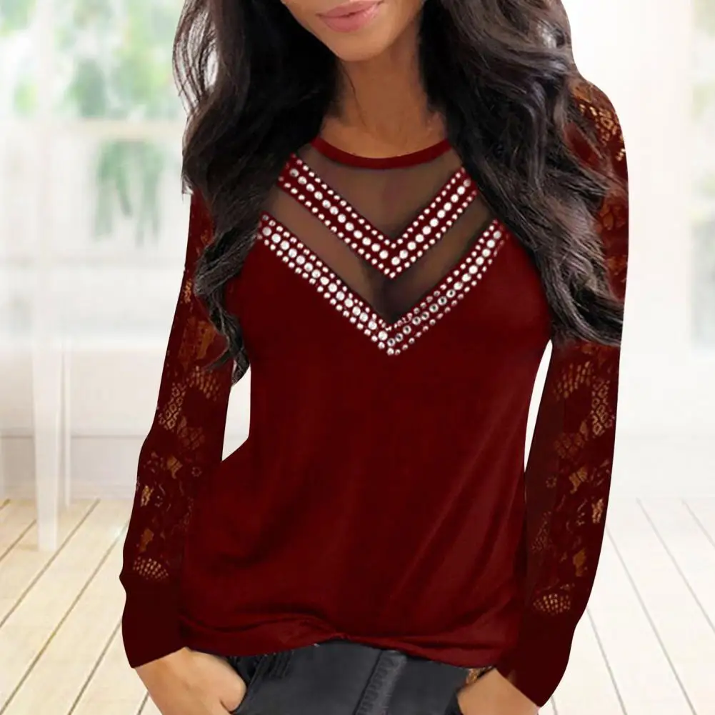 

Sexy Women Shirt O Neck See-through Mesh Lace Spring Blouse Clubwear Rhinestone Patchwork Pure Color Long Sleeve Women Top