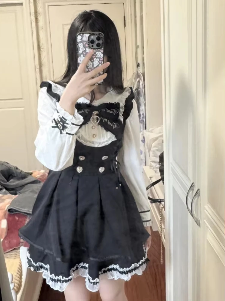 Spring Lolita Vintage Elegant Mini Skirt Suits Woman Lace Design Harajuku 2 Piece Sets Female Bow Korea Style Chic Outfits 2025