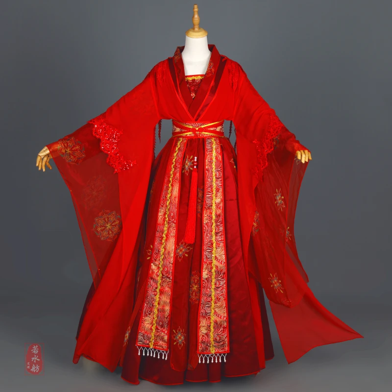 Ruoshuifang Ancient Style Red Wedding Dresses Women\'s Tail Large Skirt Ancient Cosplay Costume, Large Sleeve Han Fu Halloween