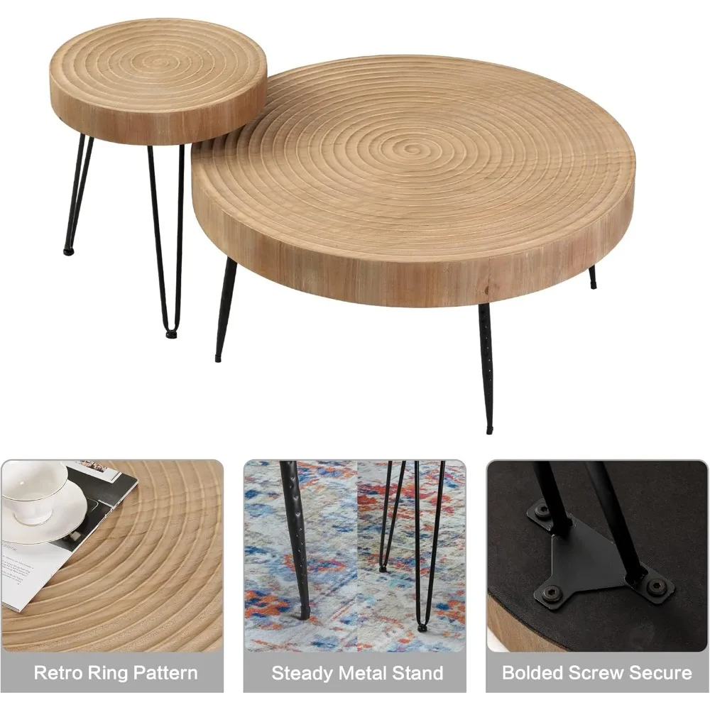Modern Circle Natural Wood Finish Coffee and End Table Set for Rustic Farmhouse Style