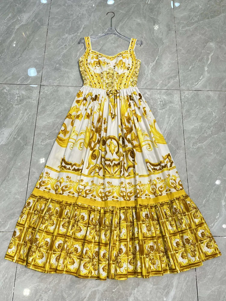 JUNLINNA Women 100% Cotton Dress Summer Fashion Spaghetti Strap Yellow Porcelain Printing Expansion Vestidos High Street Lady