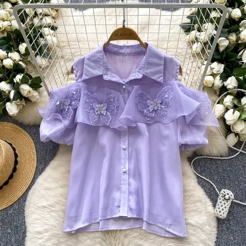 빈티지 나비 프릴 싱글 브레스트 슬림 우아한 한국 패션 섹시한 여름 여성 셔츠 Femme Blusa
