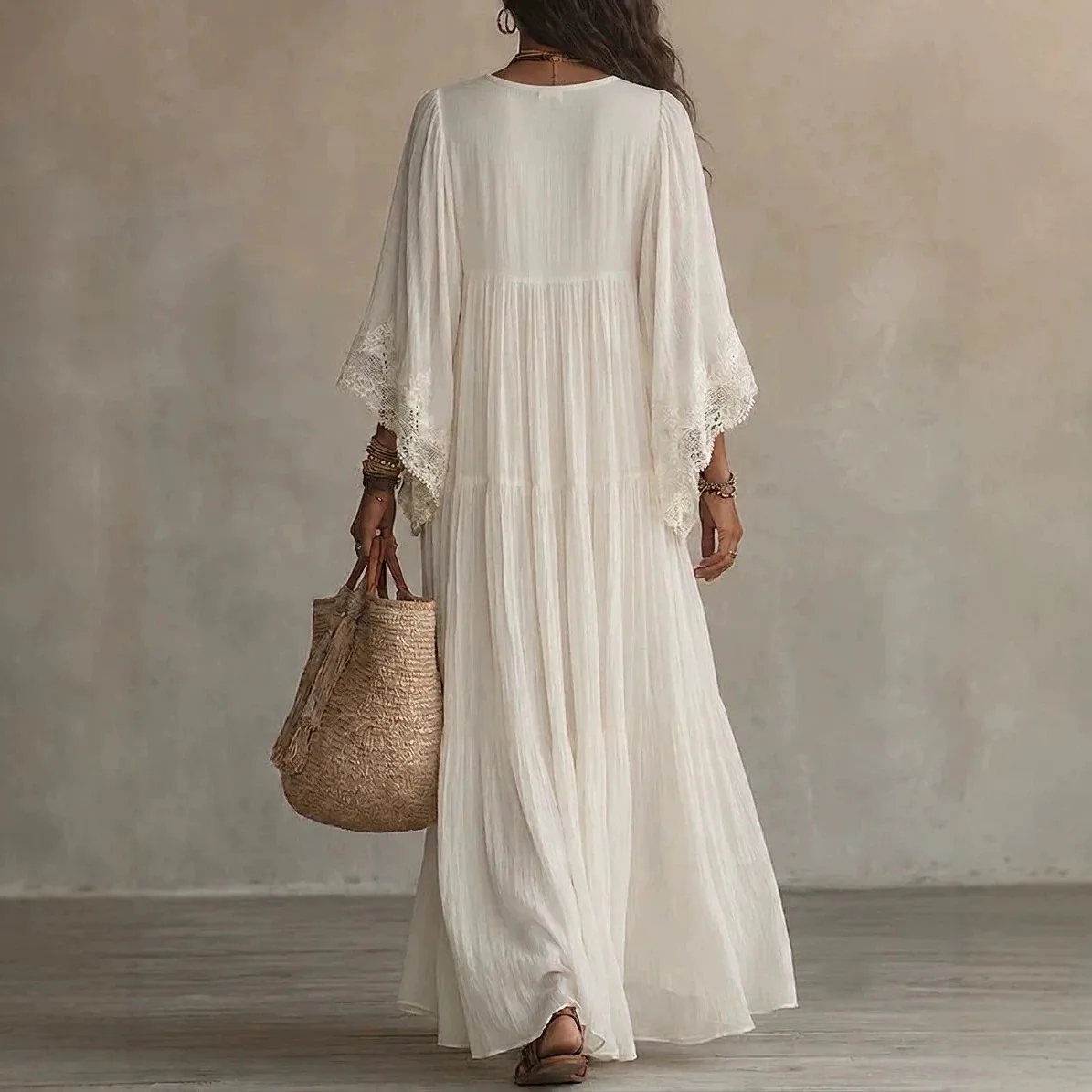 Women’s Lace-Embroidered V-Neck Long Dress with Batwing Sleeves, Perfect for Vacation or Beach Wear.