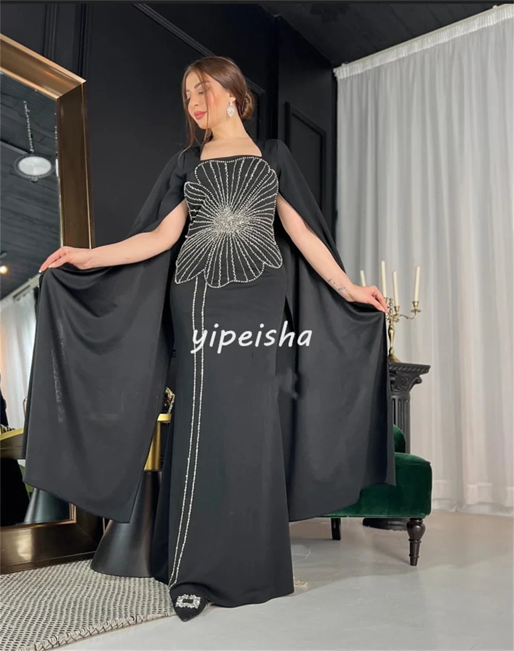 Jersey Flower Sequined Christmas A-line Square Neck Custom Occasion Gown Długie sukienki