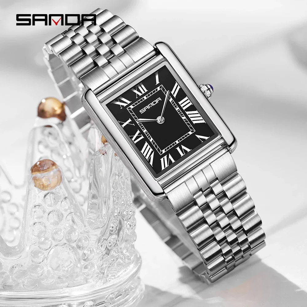 SANDA Coppia Orologio al quarzo con serbatoio Orologio da coppia alla moda impermeabile Resistente all'usura Cinturino in acciaio Quadrante quadrato Design Donna Lady Gift