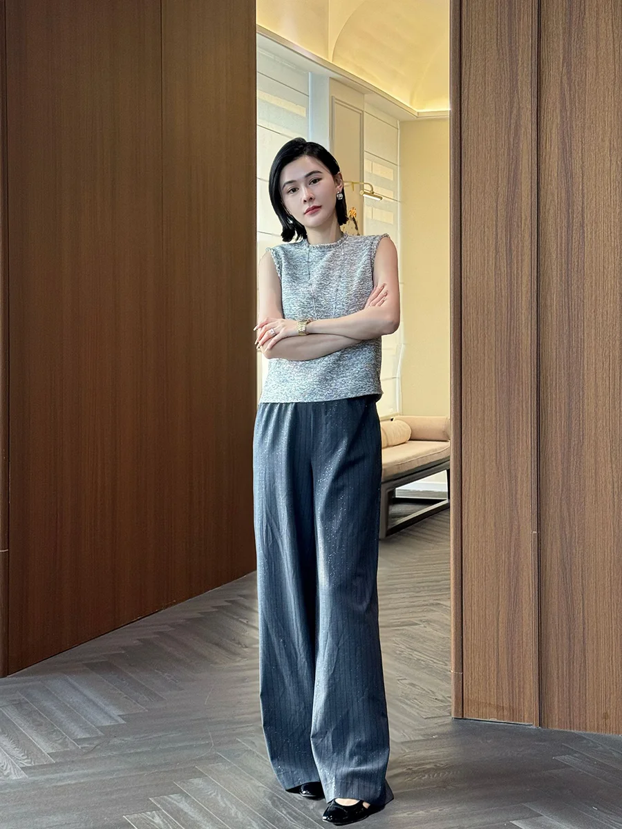 

Modern Paris Grey Straight Leg Wide Leg Pants Women's New Vertical Stripes Casual Classic Versatile Long Trousers