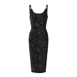 Black Sequin Camisole Dress Metal Buckle Slim Fit Waist Cinching Sexy Spicy Girl Jacquard Dress