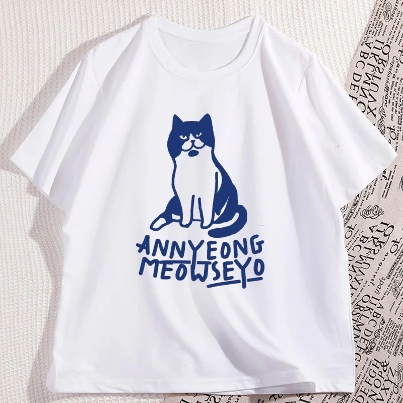 Summer Short-sleeve Clothes Streetwear Korean Drama T-shirt Funny Cat T Shirt Men Women Casual Round Neck Printed Tshirt Y2K