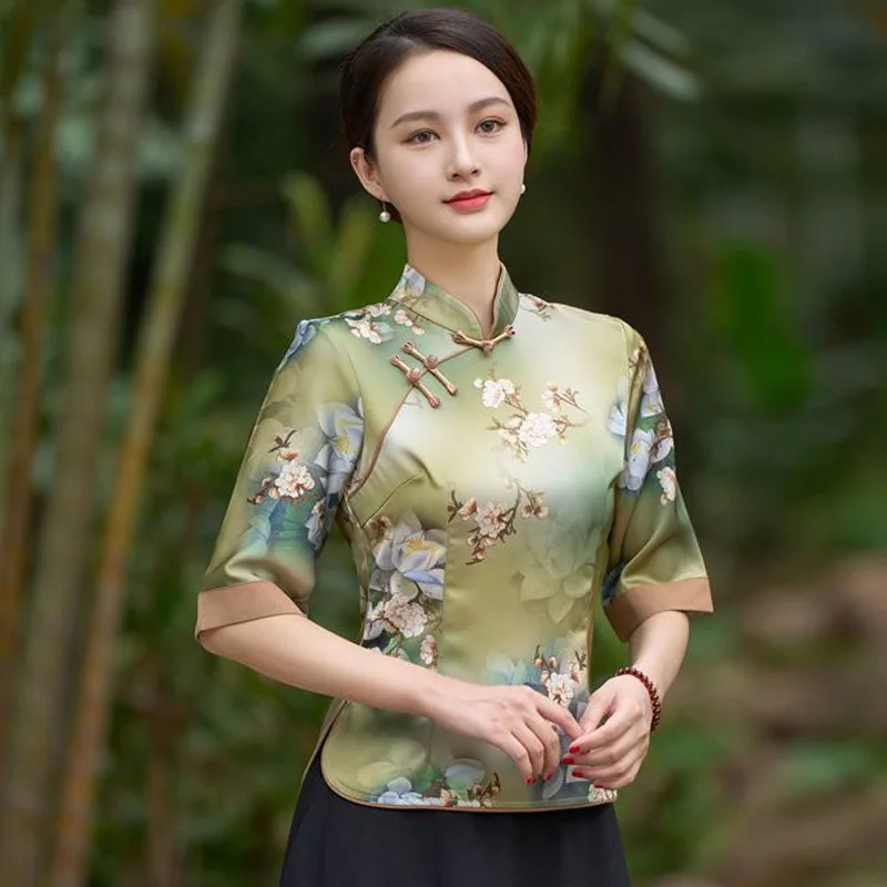 Cheongsam kadın artı boyutu üstleri 2024 yeni moda Polyester kumaş baskılar ekleme standı yaka çin tarzı Qipao gömlek kadın