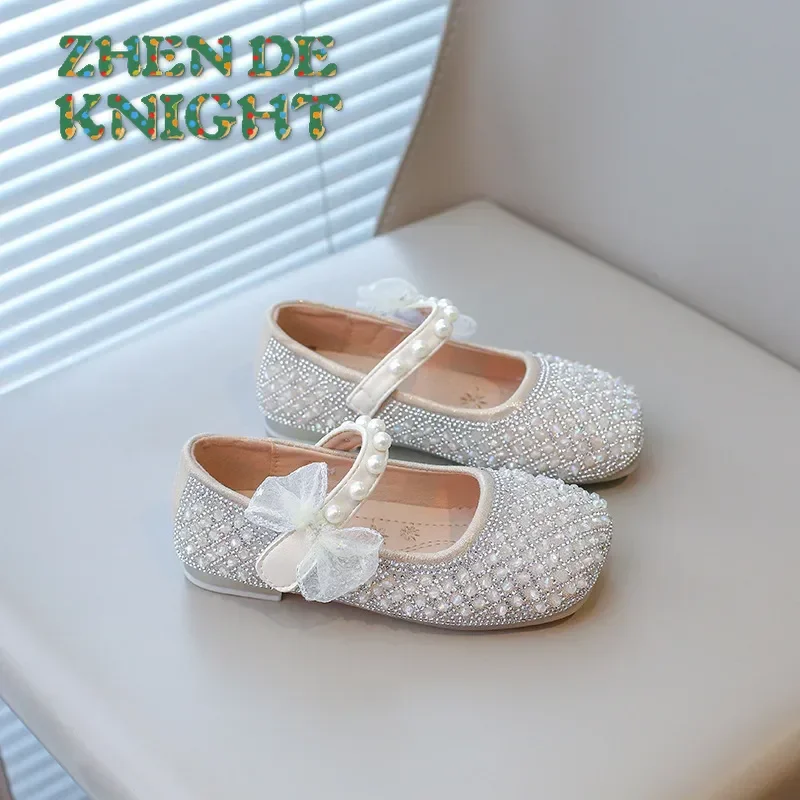 

2025 New Fashion Spring and Autumn New Princess Bowknot Pearl Sequins Soft Bottom Crystal Shoes Girls Flats Shoes