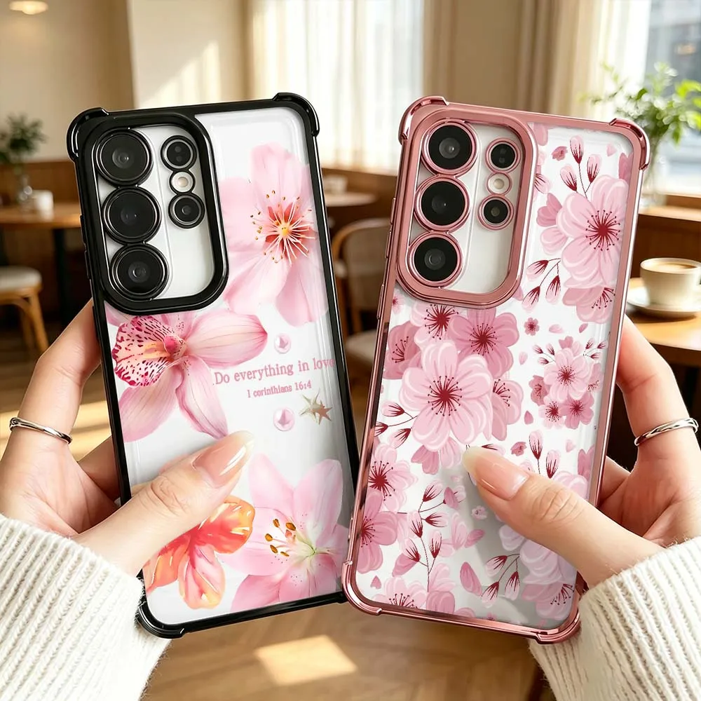 Beautiful Pink Cherry For Samsung Galaxy S26 S25 S24 S23 S22 S21 Ultra FE Plus Electroplating Anti Fall Phone Case