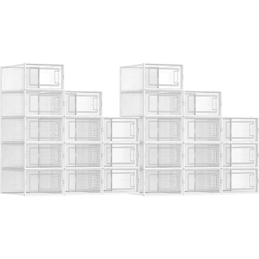 Shoe Boxes, Pack o 24 Shoe Storage Organizers, Stackable Clear Plastic Boxes or Closet, Sneakers, 13.1 x 9.1 x 5.6 Inches, Trans