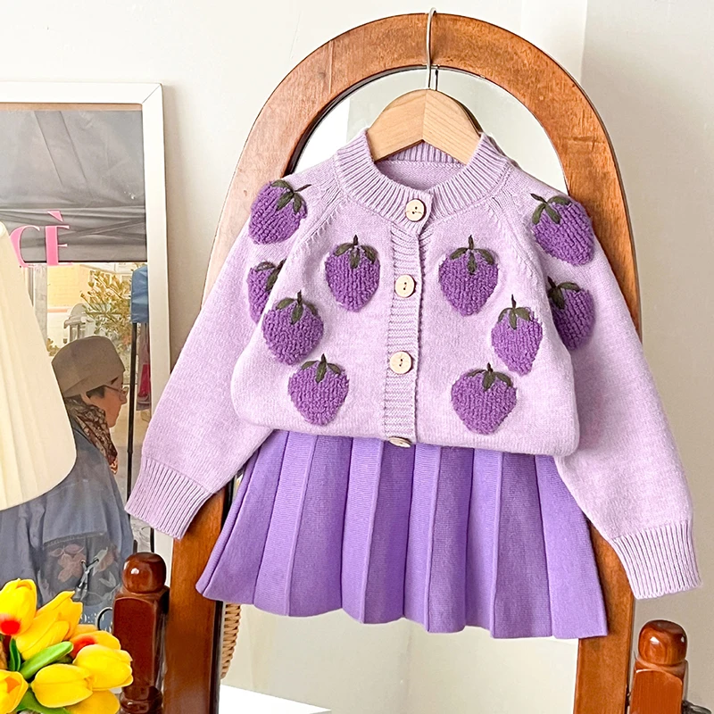 Autumn Winter Girls Sweater Clothing Set Strawberry Print Single Breasted Knitted Coat+Skirt 2Pcs For 2-6Y Girls Fashion Suit