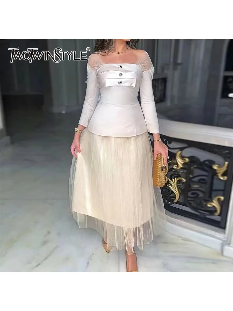 TWOTWINSTYLE Elegant Two Piece Sets for Women Diagonal Collar Long Sleeve Top High Waist Spliced Mesh Skirts Chic Set Female New