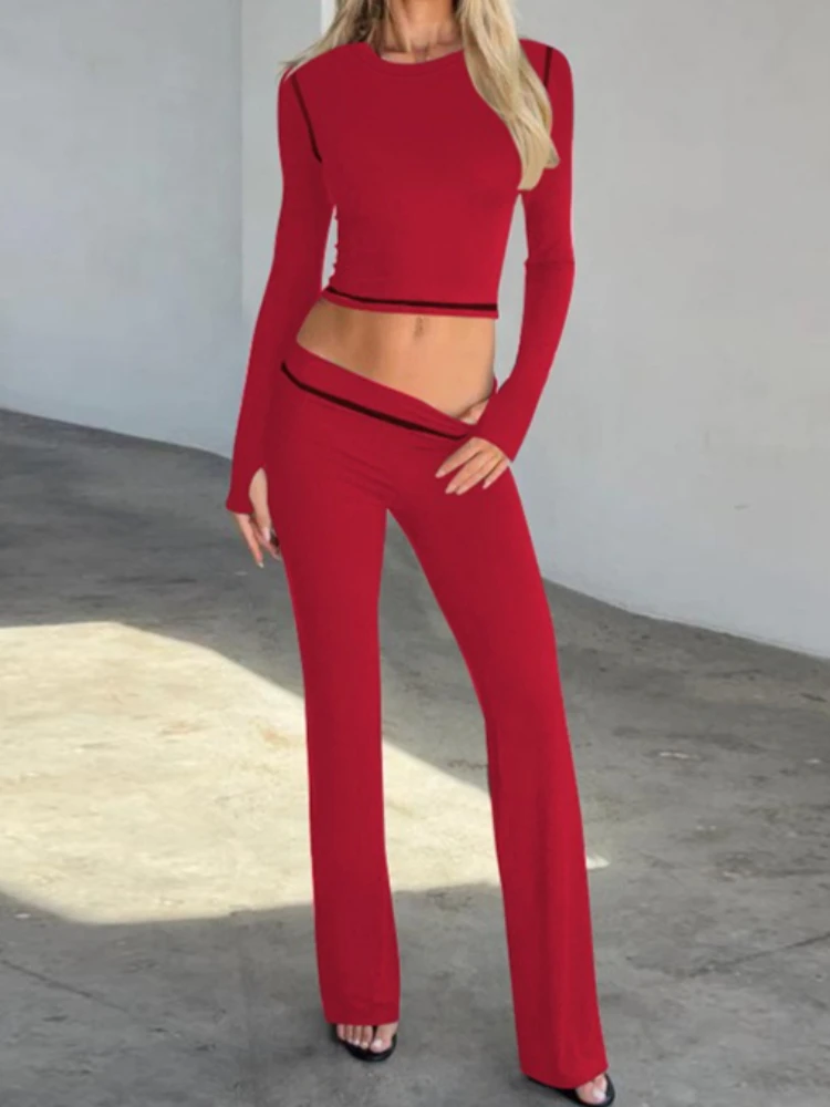 ชุดลำลองสองชิ้นสำหรับผู้หญิง สไตล์ไฮสตรีท สีพื้น คอกลม แขนยาว เสื้อครอปเข้ารูป กางเกงขาบาน แฟชั่นทันสมัย