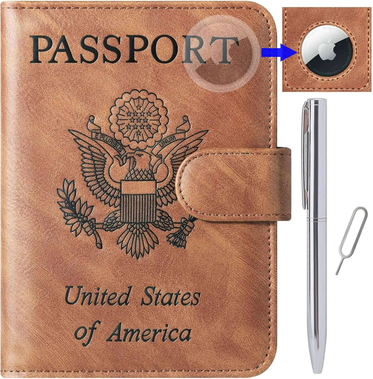 

RFID Blocking Passport Holder with AirTag Slot, Leather Travel Wallet for Men Women - Brown