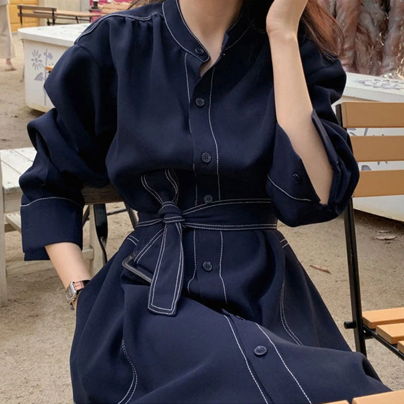 Women French Mid Length Temperament Dress With Belt Waist Cinching Slimming Shirt Design Feeling Long Vestidos Spring Autumn New