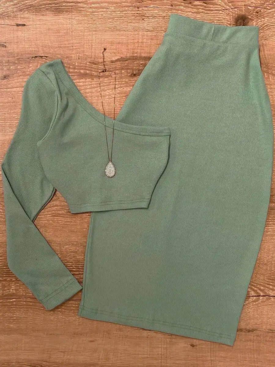 

Women's Solid Ribbed 2-Piece Set: Asymmetrical Shoulder Top & Midi Skirt