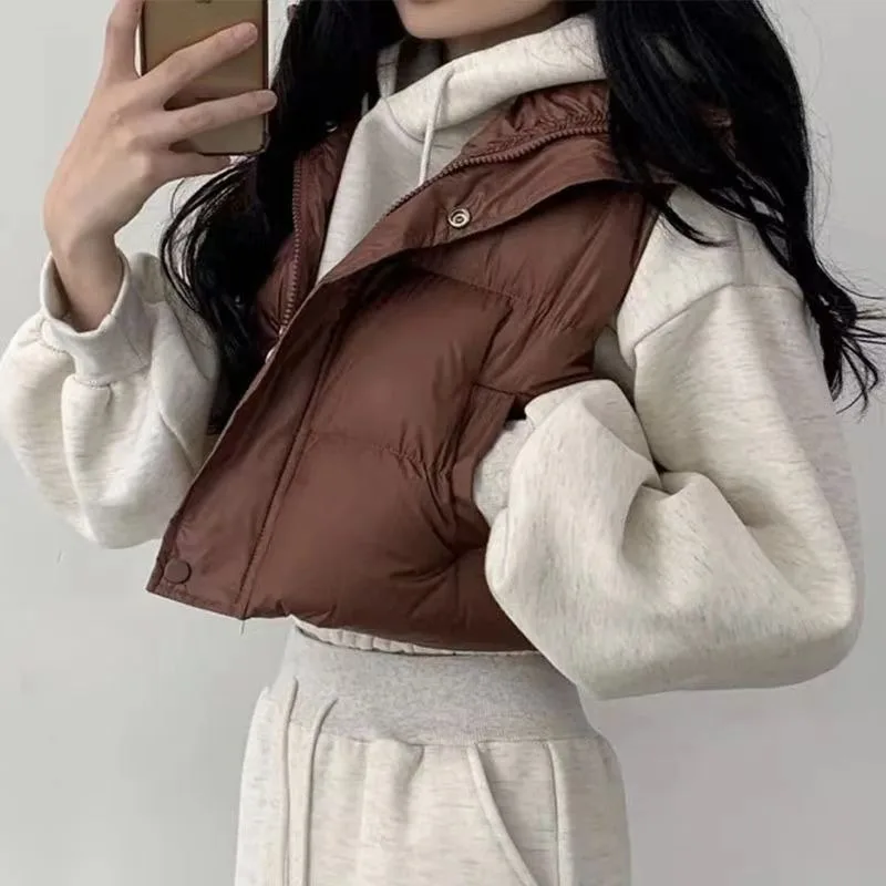 เสื้อแจ็คเก็ตคอตั้งสไตล์เกาหลีเก๋ไก๋สำหรับฤดูหนาว กระดุมแถวเดียว ทรงหลวม ใส่ได้หลายโอกาส เสื้อกั๊กหนาและสั้น เสื้อผ้าผู้หญิง