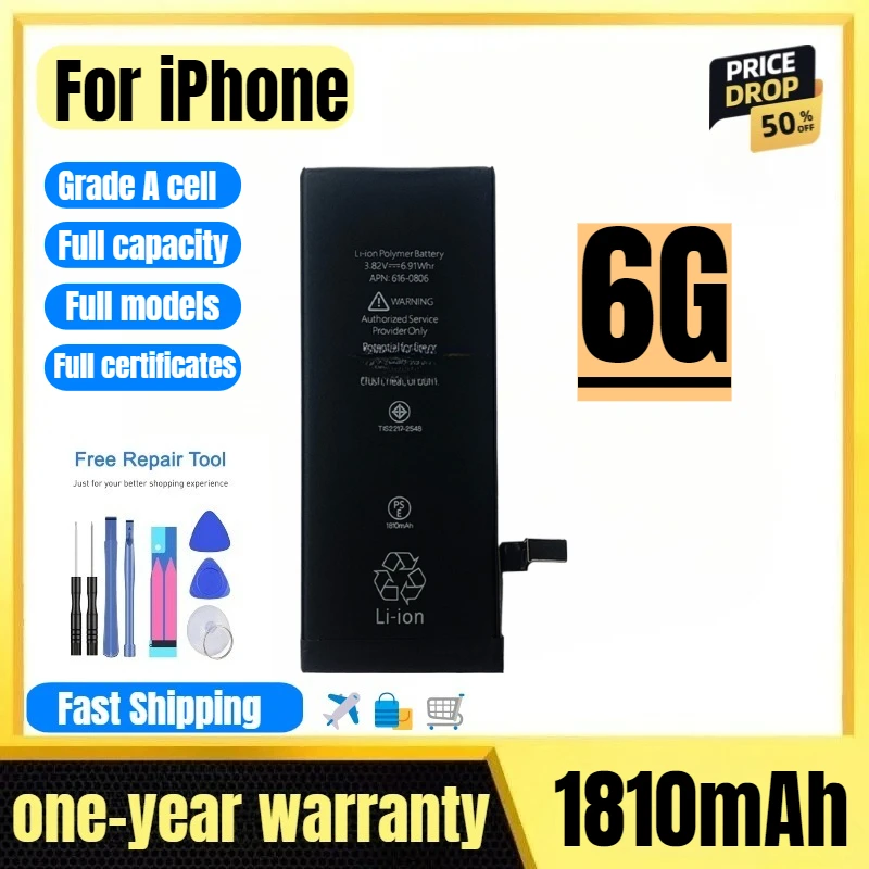 

Battery for IPhone 6G Mobile Phone Battery High Quality High Capacity Battery Replacement Bateria Grade A Cell with Tools
