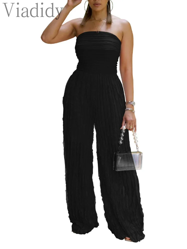 女性のセクシーなソリッドカラーのストラップレスフリルトリム装飾スキニーバックレスバンドゥワイドレッグジャンプスーツロンパース