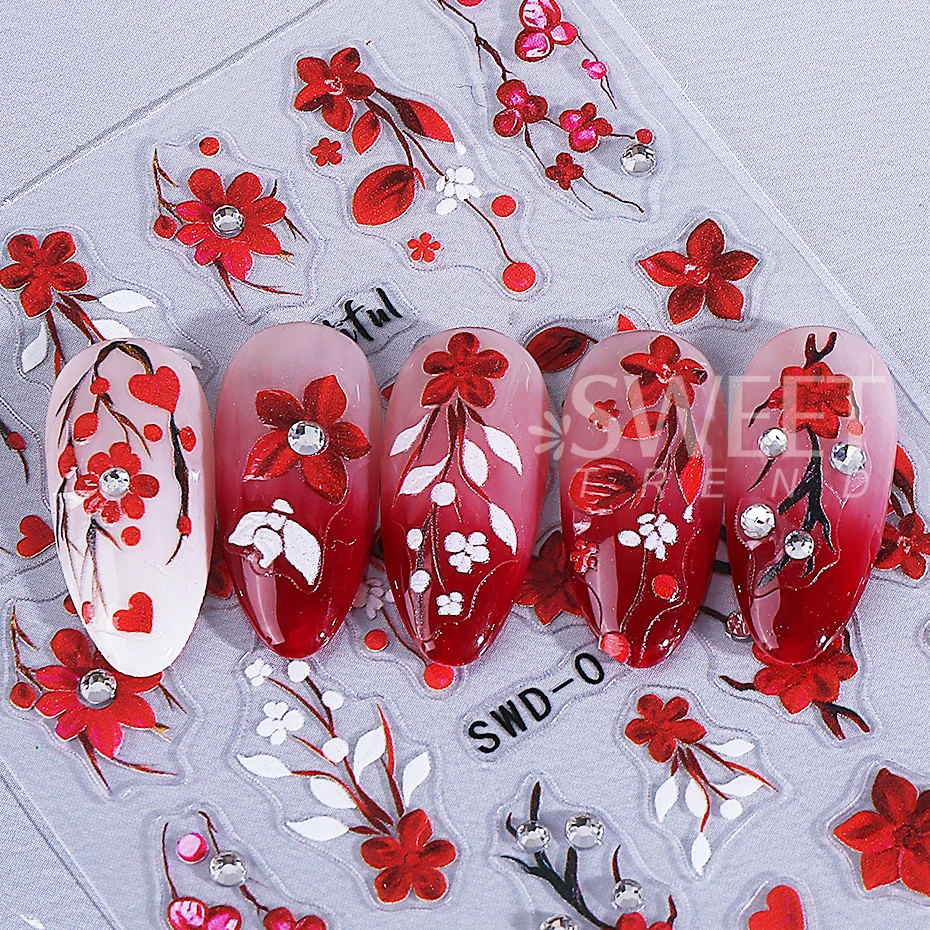 2 個エンボスフラワーネイルアートステッカーラインストーン付き赤い花びらネイルデカール自己粘着スライダーマニキュアデコレーション