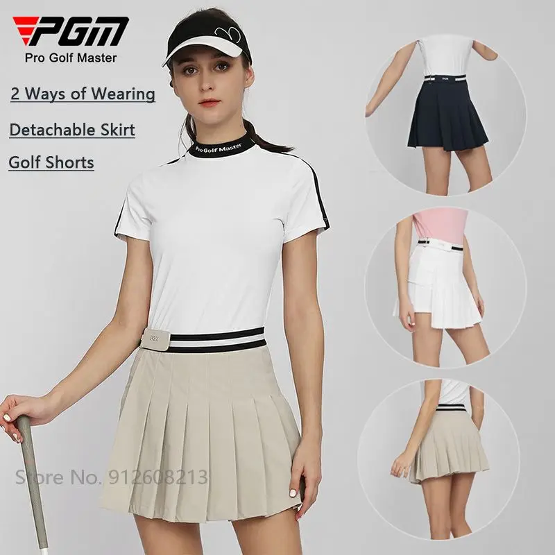 PGM Summer Women Detachable Pantskirt Anti-exposure Golf Skirts High Waist Golf Shorts Ladies Pleated Elastic Waistband Culottes