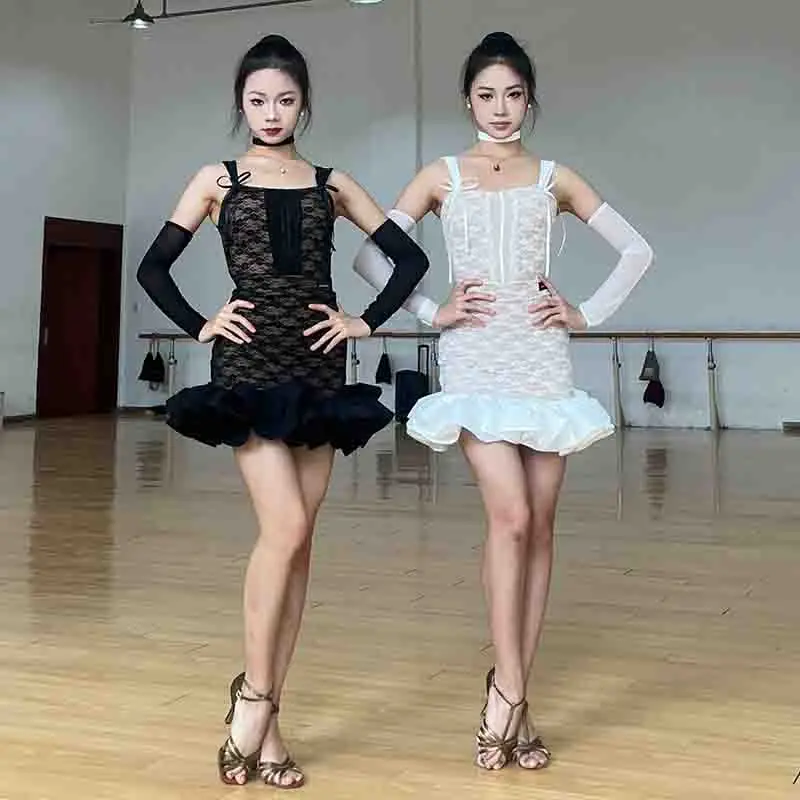 Latin Dance Clothes Women White Black Lace Dress Sets Club Club Samba Tango Dance Practice Clothing Competition Dress DNV22423