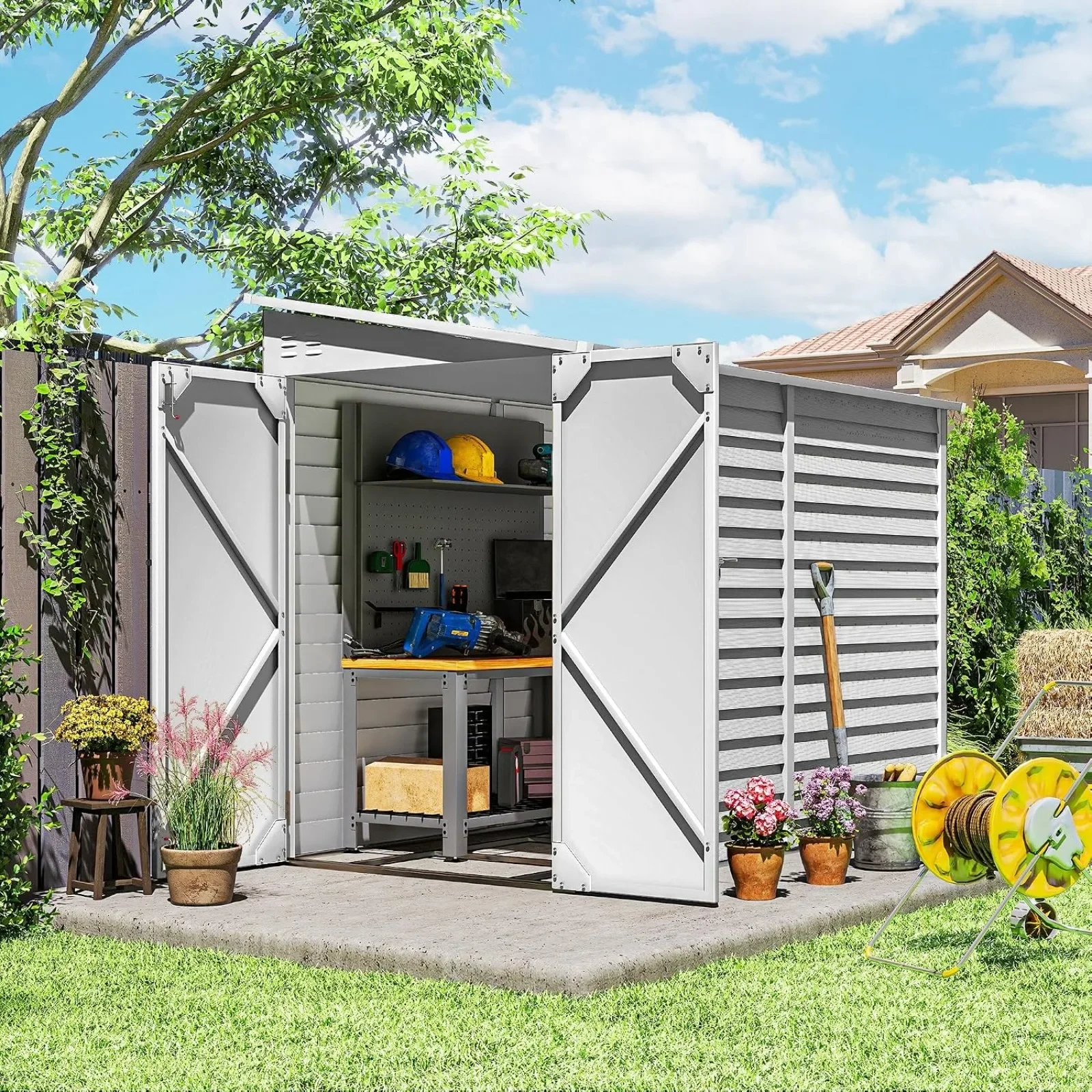 HOT Steel Outdoor Storage Shed Waterproof Lean-to White | Metal Garden Tool House, Foundation Kit, Lockable Doors, Gloves, 2 Air Vents, Backyard Patio Lawn