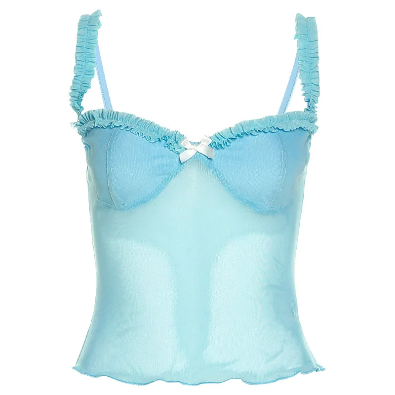 Haut court en dentelle bleue Y2K pour femmes, Slim, col en v, débardeur en Crochet, Camis Fairycore, mignon, Vintage, esthétique, Sexy, vêtements d'été de rue
