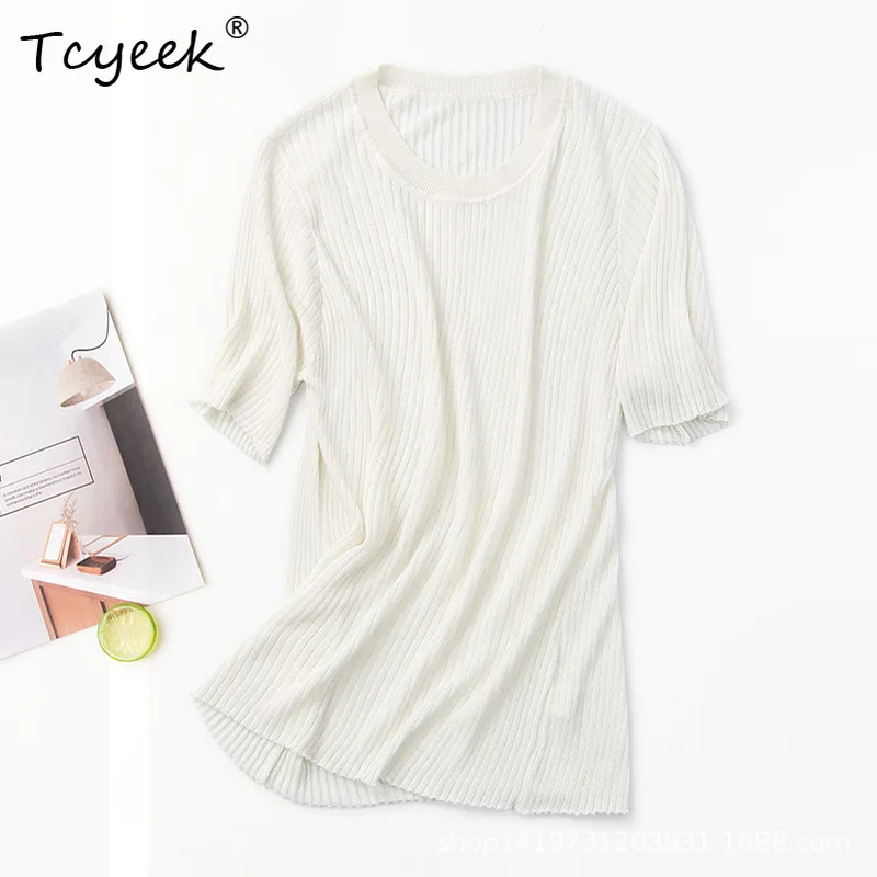 

Tcyeek, 70%Natural Silk Elegant Knit T-Shirt, Women ONeck Short Sleeve, Basics Thin Tops, 2024 Summer Autumn Tees T48577QM