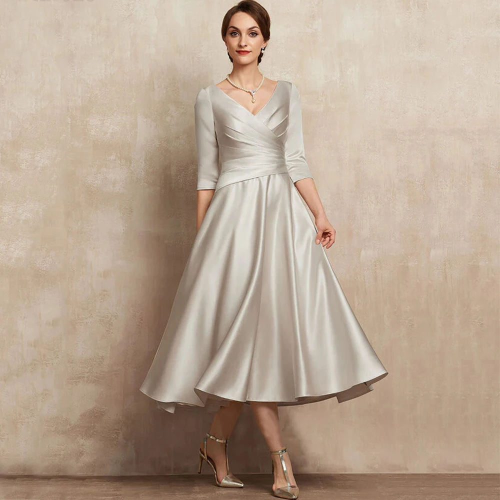 

Elegant Tea-Length Mother of the Bridal Dresses Three Quarter V-Neck Pleat Women Dress for Wedding Party Banquet Guest Gowns