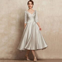 Elegant Tea-Length Mother of the Bridal Dresses Three Quarter V-Neck Pleat Women Dress for Wedding Party Banquet Guest Gowns