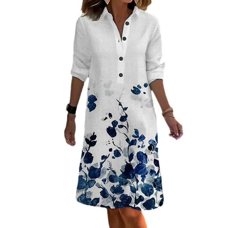 2023 Lente damesjurk Casual mode bedrukte overhemdkraag gesplitst lange mouw V-hals half vest