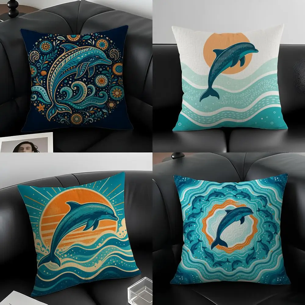 Animal Dolphin Cushion Cover Natural Linen Pillowcase Set, All-in-One Decor for Sofa, Bedroom & Chair