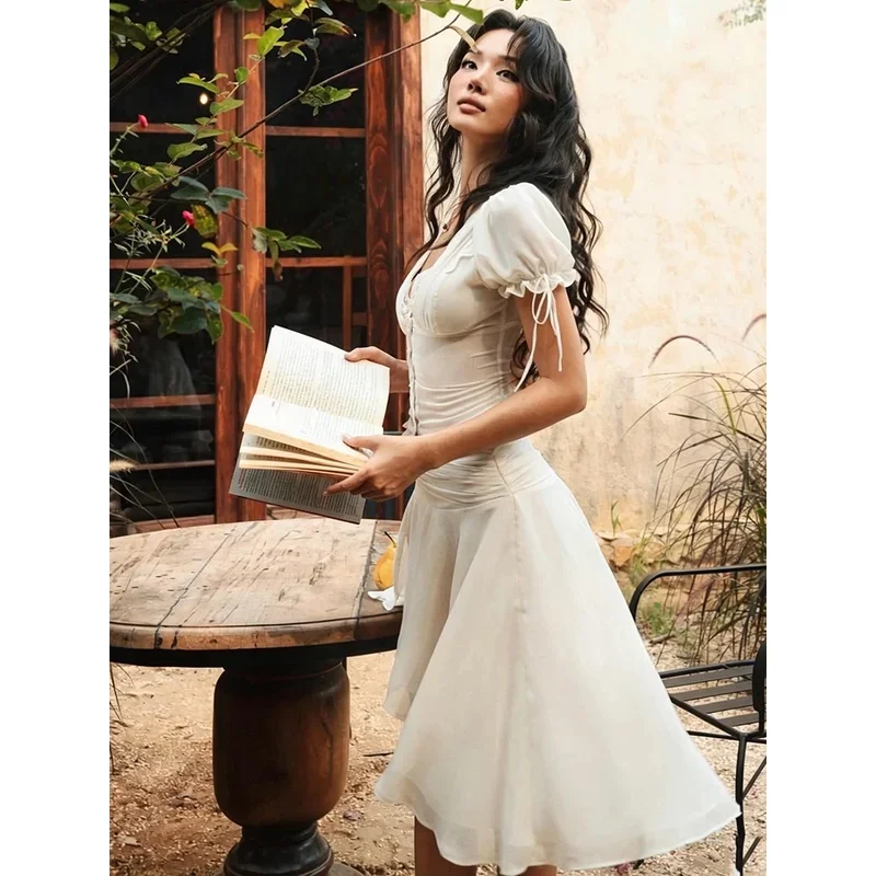 Elegant 2 Piece Skirt Set Women's Sexy Lace Trim V Neck Puff Sleeve Slim Bandage Top Irregular Chiffon Skirt Y2k Vacation Outfit