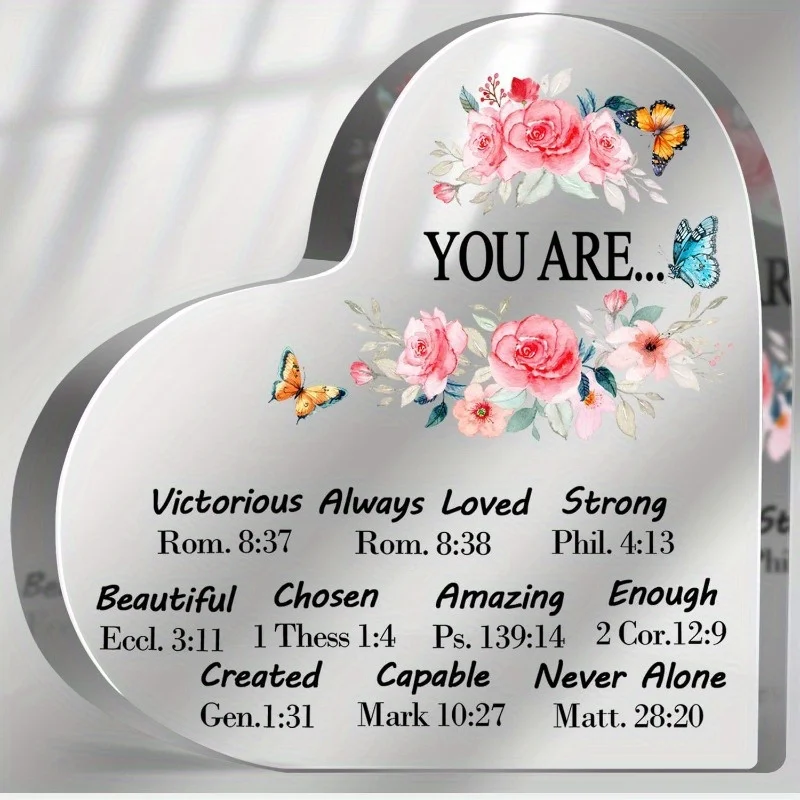 Christian Acrylic Heart - Inspirational Bible Verse Desk Gift for Women