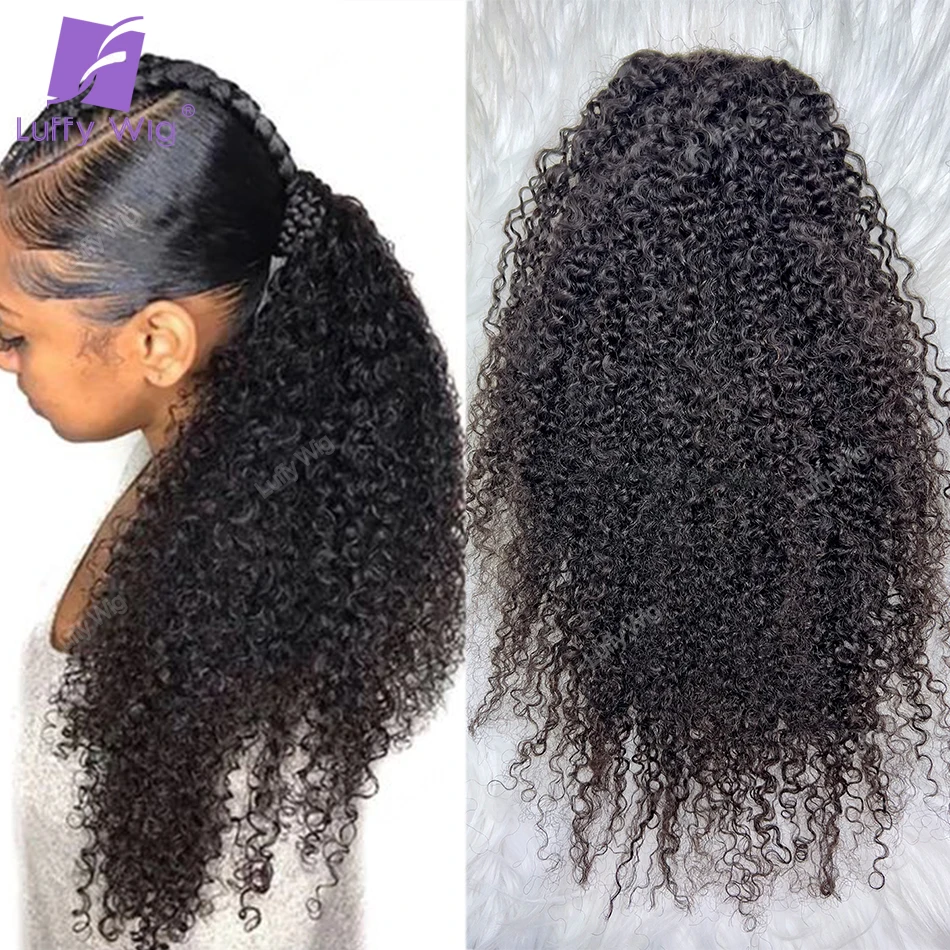 Cabelo humano do rabo de cavalo dobro do cordão para mulheres negras, cabelo de Remy birmanês, grampo nas extensões, envoltório encaracolado Kinky do Afro, Luffy